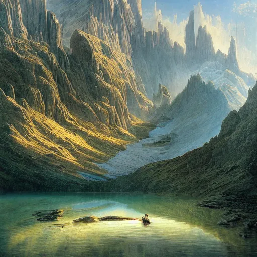 Image similar to a beautiful and highly detailed matte painting of a beautiful lake deep in the mountains, intricate details, epic scale, insanely complex, 8 k, sharp focus, hyperrealism, very realistic, by caspar friedrich, james gurney, brian froud,