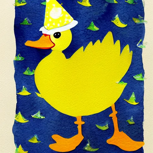 Prompt: watercolor yellow duck with party hat and middle finger pointing up, white background, highly detailed, art,