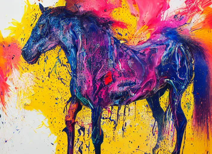 Image similar to abstract expressionist mid shot portrait of a horse made of very thick impasto paint and acrylic pour and coloured powder explosion and splashing paint and dripping paint and flying paint chunks, eyes closed or not visible, expressing strong emotions, art by antony micallef, motion blur, hyperrealistic, intricate art photography, anatomically correct, realistic crisp textures, 1 6 k