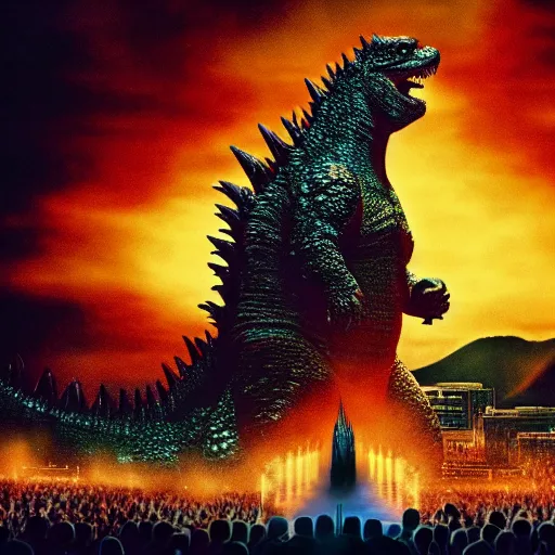 Image similar to Godzilla in the background of a Beatles concert, HD, high resolution, hyper realistic, 4k, intricate detail