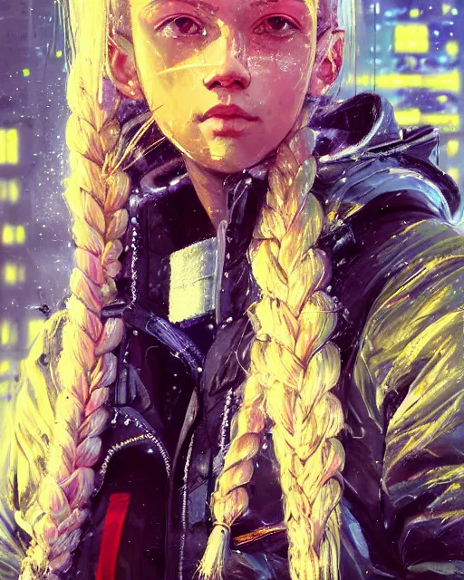 Prompt: detailed portrait of young neon operator girl, long platted blonde hair, cyberpunk futuristic, reflective puffy coat, decorated with traditional japanese by ismail inceoglu dragan bibin hans thoma greg rutkowski alexandros pyromallis nekro rene margitte, illustrated, perfect face, fine details, realistic shading, fine - face, beautiful face, sweaty,
