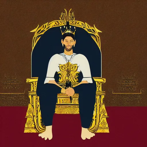 Prompt: modern self portrait of man sitting on throne, legs crossed, while holding a sword, white man, hispanic, brown hair, light skin, golden throne, sharp, marker, red robes, 8 k, hi - rez, clear, brown eyes, colored, green plants and golden background, sun in the sky, palace scenery, sharp, illustrated byyoji shinkawa