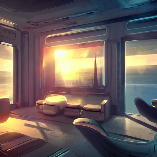 Image similar to futuristic virtual interior, crisp, artstation, luxury, beautiful, dim painterly volumetric aquatic sunset lighting, 3 d concept art