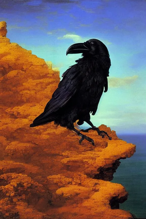 Image similar to a breathtakingly stunningly beautifully highly detailed extreme close up portrait of a raven, a rock arch overhead framing top of shot, epic coves crashing waves plants, beautiful clear harmonious composition, dynamically shot, wonderful strikingly vivid orange beautiful dynamic sunset with epic clouds, detailed organic textures, by frederic leighton and rosetti and turner and eugene von guerard, 4 k