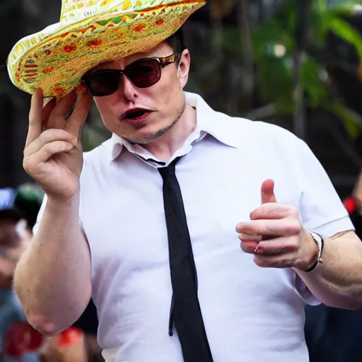 Prompt: Elon Musk wearing a mexican sombrero while eating a taco