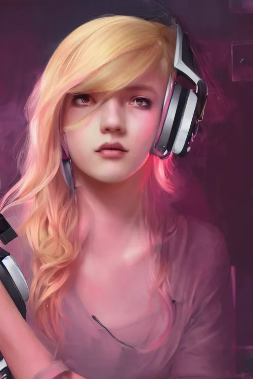 Image similar to gamer girl with blonde hair and dark eyes playing on her computer, portrait shot, face lit up by the monitor, pink gaming headset, dark atmosphere, dynamic lighting, intricate and very very beautiful, highly detailed, digital painting, artstation, concept art, smooth and sharp focus, illustration, art by tian zi and wlop and alphonse mucha