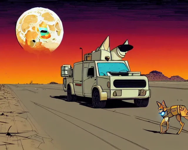 Prompt: a study of cell shaded cartoon of a mechanical coyote on a desert road, in front of a big moon illustration, wide shot, subtle colors, post grunge, concept art by josan gonzales and wlop, david rubin, mike mignola, laurie greasley, highly detailed, sharp focus, trending on artstation, hq, deviantart, art by artgem