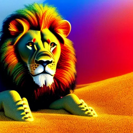 Prompt: lion made of rainbow sand, multicolor, colour in fringes, very colourful, volumetric light, cinematic, extremely detailed, cgi, trending on artstation, hyper realistic, hd wallpaper, sharp, michael whelan, ted nasmith