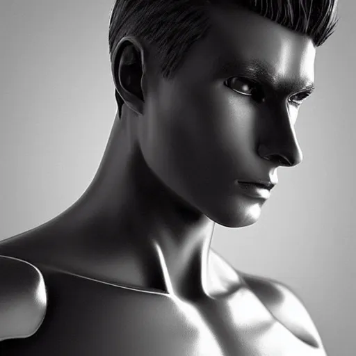 Image similar to “a realistic detailed photo of a guy who is an attractive humanoid who is half robot and half humanoid, who is a male android, Bryce Hall, shiny skin, posing like a statue, blank stare”