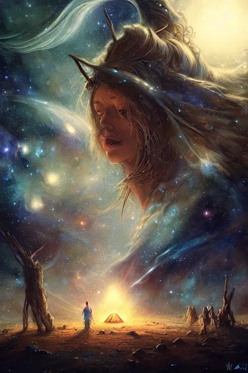 Prompt: a mother a father and 8 children sitting in front of a tipi with galaxies overhead, stars, nebulae, by wlop, by luis royo, by peter mohrbacher, concept art, digital illustration, intricate, masterpiece, elegant, super detailed, unreal engine rendering, smooth, sharp focus, artstation hq