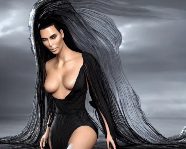 Prompt: epic full body shot still of kim kardashian unconscious wearing a black lace dress trapped in a transparent alien liquid, wet flowing hair, gooey skin, illustration, unreal engine 5, 8 k, made by h. r. giger.