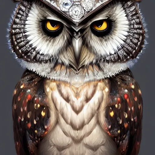 Image similar to detailed portrait of a magical owl, wearing a diamond crown, glowing feathers, digital art, realistic, dnd, character design, artstation