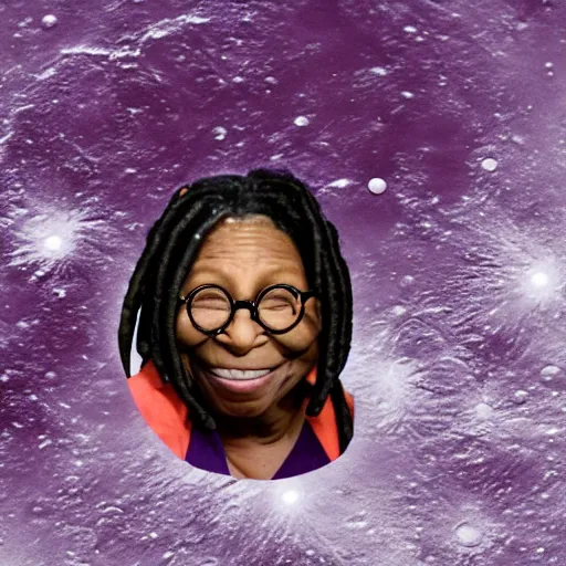 Prompt: whoopi goldberg making potstickers on the moon wearing purple