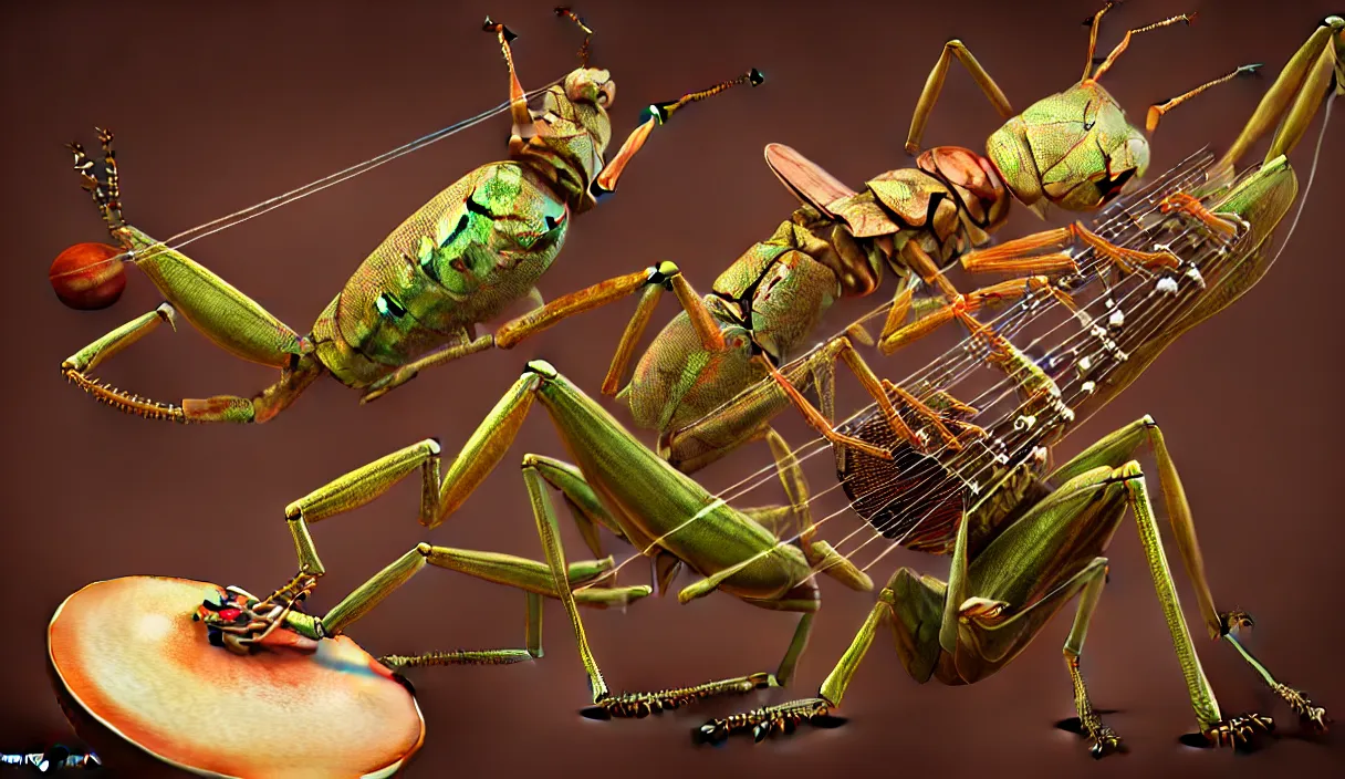 Prompt: a highly detailed 3 d render of a praying manits playing the drums, a locust playing the guitar, a cockroach playing a piano, key visual, realistic shaded perfect face, fine details by stanley artgerm lau, wlop, rossdraws, james jean, andrei riabovitchev, marc simonetti, sakimichan, trending on artstation