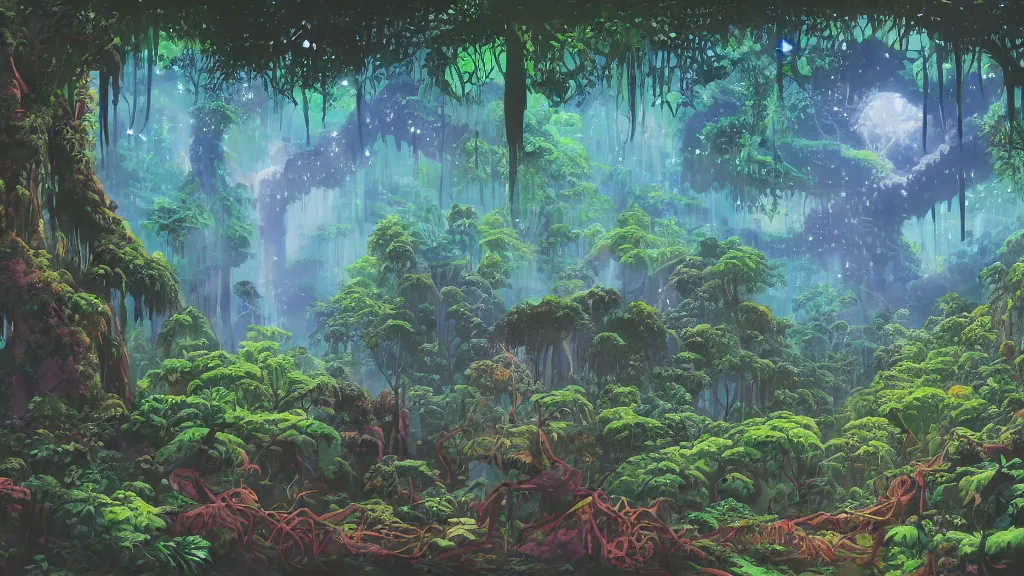 Image similar to magical rainforest with overgrown glowing bioluminescent fungus and strangler fig, anime background, interior, gouache, hand painted, in the style of kazuo oga, studio ghibli