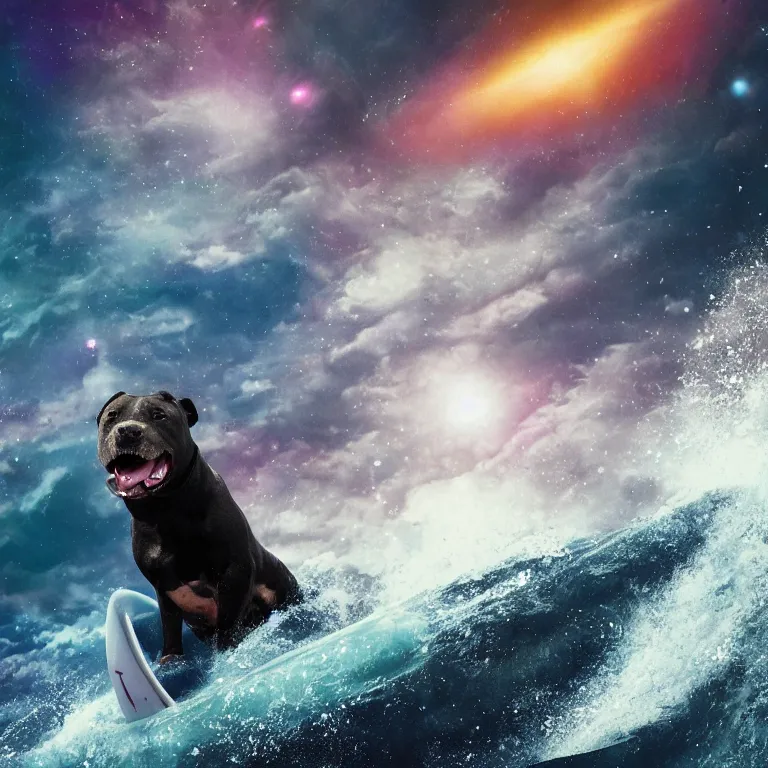 Image similar to photo of a dark charcoal coat pit bull with a white paws, surfing on a surfboard in a crashing wave of alien ocean in space, background is an alien galaxy, matte, aliens in the background, alien colors, octane render, unreal engine, wide view, 8 k, high detaild