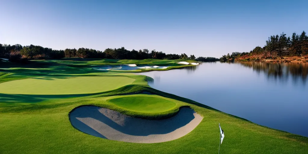 Image similar to a great photograph of the most amazing golf hole in the world completely surrounded by water, calm water, perfect light, ambient light, miniature, tilt shift lens, golf digest, top 1 0 0, fog