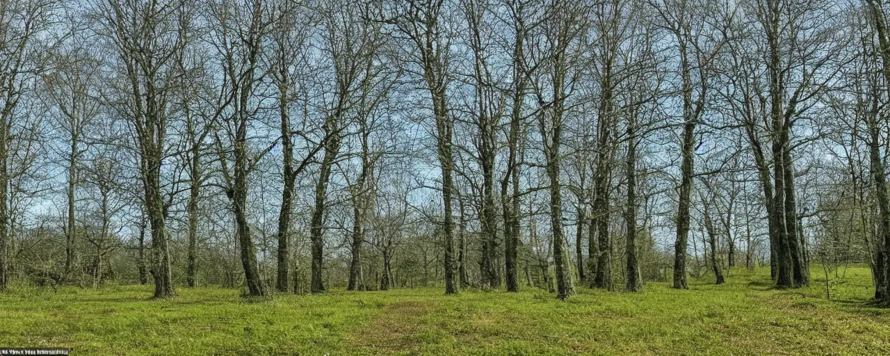 Image similar to at the dam there was a field, with a path running through it, and the sky was a pale blue with no clouds, and the trees stood silent in their verdure