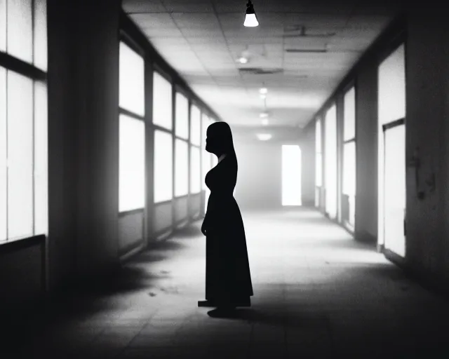 Prompt: creepy woman wearing white dress standing in the backrooms, the eerie forlorn atmosphere of a place that's usually bustling with people but is now abandoned and quiet, buzzing fluorescent lights above the ceiling, unsettling images, liminal space, dark,