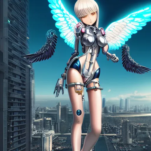 Image similar to cute endowed cyborg - angel girl with large angelic wings standing on the edge of a rooftop overlooking a floating city, left eye gold and right eye silver, biomechanical details, bionic cyborg implants, digital cyberpunk - anime art, full body shot, reflections, lens flare, wlop, ilya kuvshinov, artgerm, krenz cushart, greg rutkowski