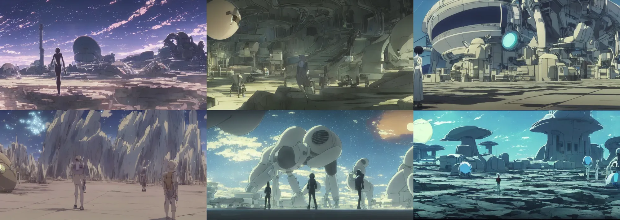 Prompt: screenshot from the science fiction anime film by makoto shinkai, futuristic scientific laboratory, desert alien planet, from the anime film by studio ghibli