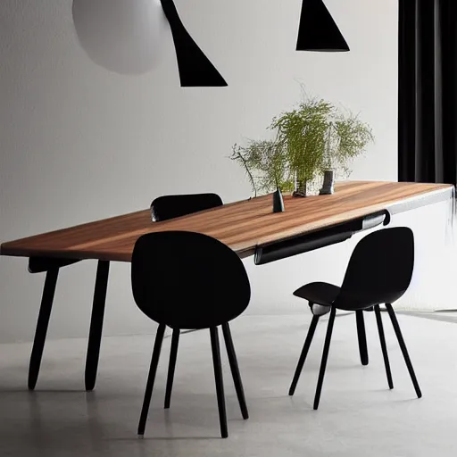 Prompt: cherry wood and black plastic table, modern style, magazine photograph, realistic