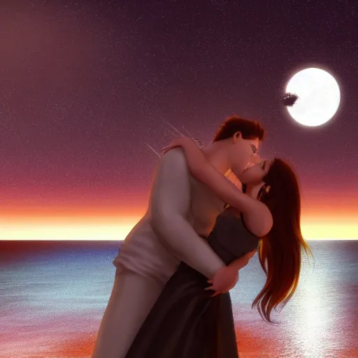 Image similar to seifer almasy kissing rinoa heartilly under the moonlight, with the night sea in the background.