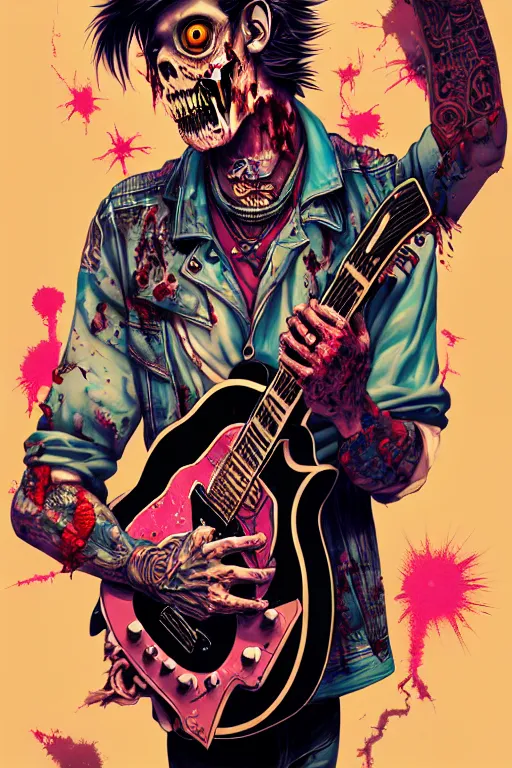 Image similar to zombie punk rocker playing guitar, tristan eaton, victo ngai, artgerm, rhads, ross draws, intricated details, 3 / 4 view, full body portrait