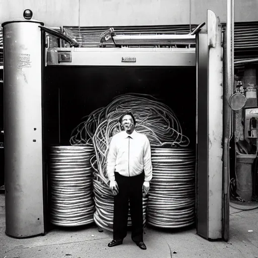 Image similar to spaghetti face man in a suit standing in front of the thrash can in san - francisco, photo 4 k, direct flash, bottom up, high resolution, film photography,