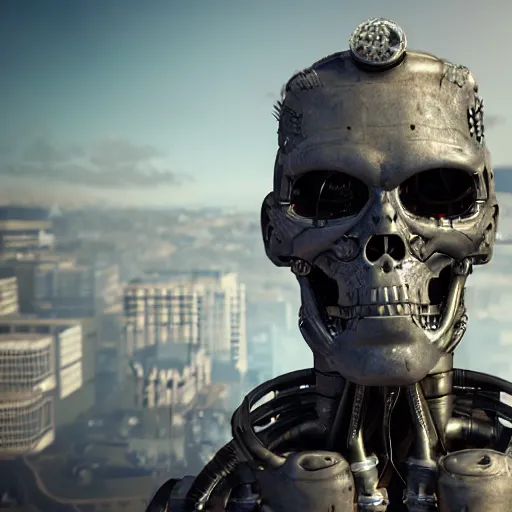 Image similar to portrait of a terminator with borg enhancements, gears are visible inside it's head, ultra detailed 8k. There is a dystopian city in the background. Rendered with unreal 5 engine with ray tracing and tessellation