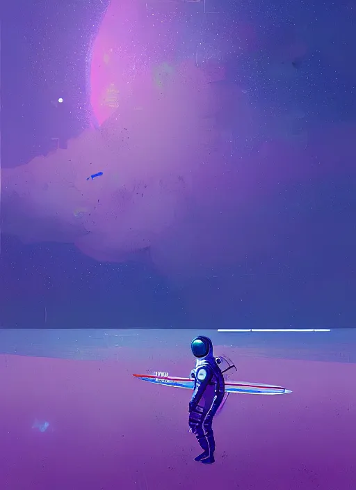 Prompt: astronaut surfer, purple and blue hour, by ismail inceoglu