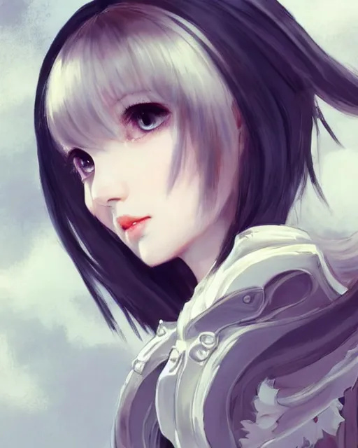 Image similar to ilya kuvshinov. an infinitely detailed portrait of a frail and pale female peace angel elegantly. fully - clothed full - body, beautiful! scenery art!! coherent! by wlop. victorian armor trim, cold color palette, artstation / pixiv!! elegantly armored angel portrait full - body, dreamy art