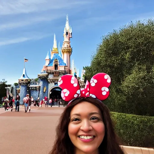 Prompt: high detail selfie by a woman wearing mickey mouse ears, disneyland castle in background, taken on iphone