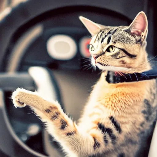 Image similar to A cat piloting an airplane, cat is holding the steering wheel, photography