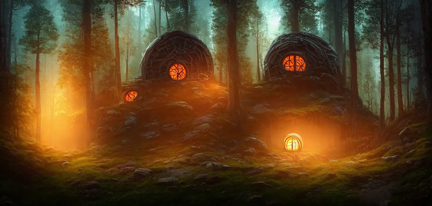 Image similar to random scary forest house landscape, big round glowing multicoloured portal house, central symmetrical composition, incredible, vector art, octane render, fabulous, hyper detailed, random cinematic view, no noise, global illumination, warm lighting, volumetric, godrays, vivid, beautiful, by jordan grimmer