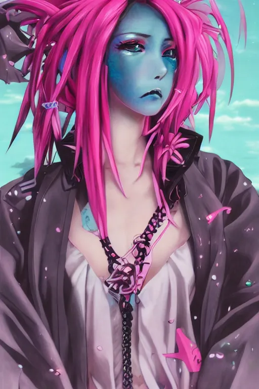 Image similar to portrait of an anime manga cybergoth girl with pink and black floating dreads, straight on portrait, by artgerm, james jean, tom bagshaw, gerald brom, vaporwave colors, lofi colors, vaporwave, lofi, moody vibe, goth vibe, 4 k, hd,