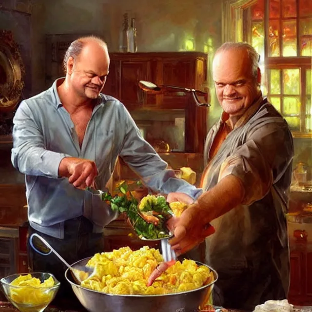 Prompt: kelsey grammer making tossed salad and scrambled eggs, an oil painting by ross tran and thomas kincade