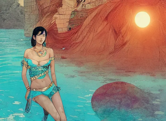 Image similar to lee jin - eun in luxurious dress emerging from turquoise water in egyptian pyramid city during an eclipse by android james, conrad roset, m. k. kaluta, martine johanna, rule of thirds, elegant look, beautiful, chic