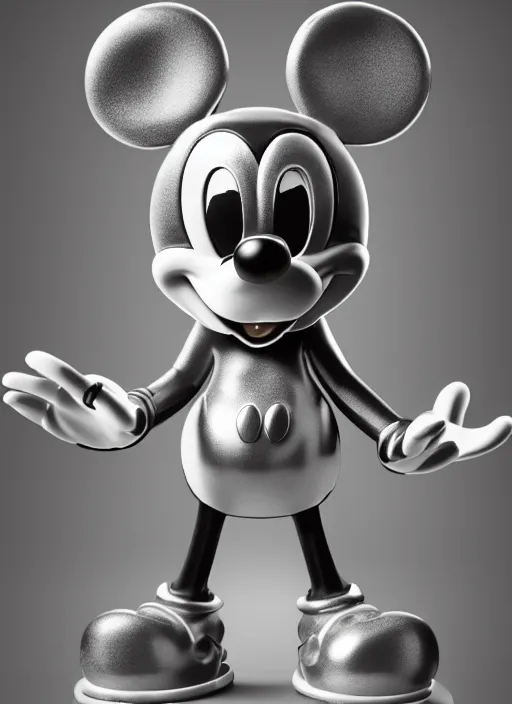 Prompt: stylized shiny latex rubber leather ornate statue full body made of marble of disney character mickey mouse, perfect symmetrical body, perfect symmetrical face, hyper realistic, hyper detailed, by johannen voss, by michelangelo, octane render, blender, 8 k, displayed in pure white studio room