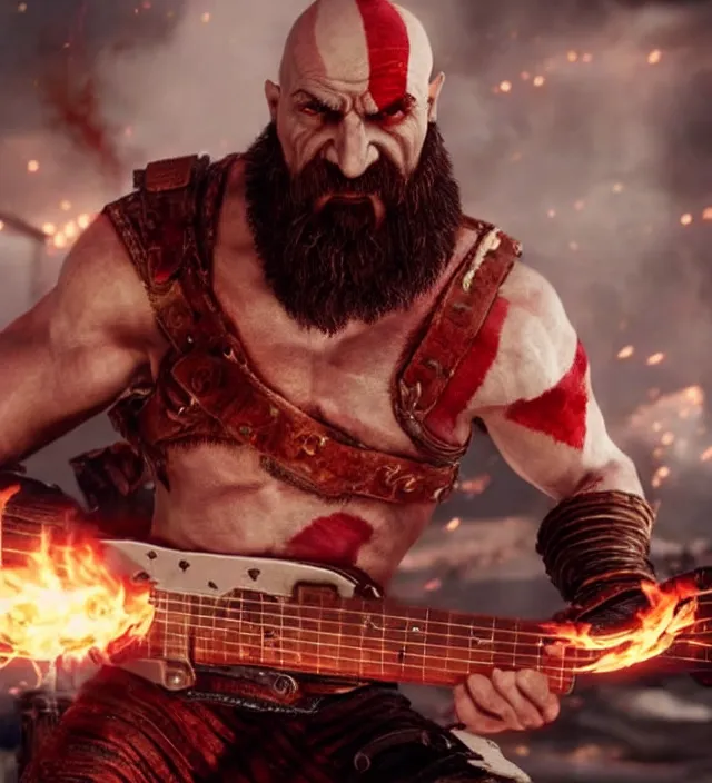 Image similar to kratos shredding on a flaming stratocaster guitar, cinematic render, god of war 2 0 1 8, santa monica studio official media, lightning, stripe over eye