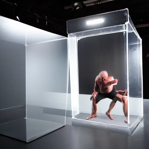 Prompt: man with gigantism trapped inside of a small thick plexiglass cube, hyper - realistic, extremely detailed, gray studio setting, studio lighting, soft lighting