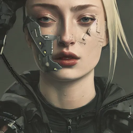 Image similar to sophie turner, streetwear techwear cyberpunk style outfit, partial mask, detailed portrait, intricate complexity, by greg rutkowski, cushart krentz, artgerm, ross tran, conrad roset, takato yomamoto, ilya kuvshinov. 4 k, beautiful, cinematic dramatic atmosphere, portrait lighting