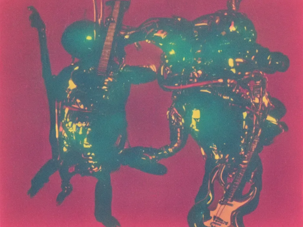 Image similar to 1980s polaroid colour flash photograph of a creature made of electric guitars