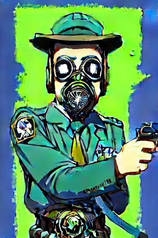 Prompt: cops member departement using gas mask, with blue and green blouse, high member use army hats. pop art, bioshock art style, accurate, detailed, gta chinatown art style, dynamic, face features, body features, ultra realistic, digital art, concept art, smooth, sharp focus, art by richard hamilton and mimmo rottela