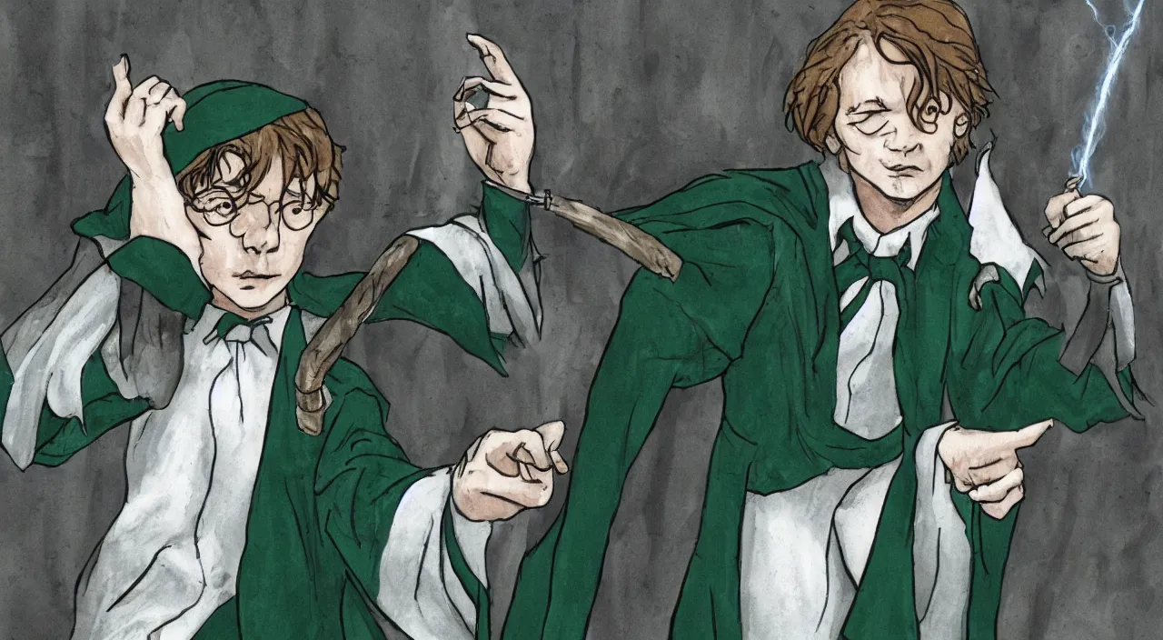 Prompt: slytherin harry potter doing lumos with his eyes closed