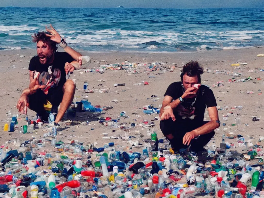Image similar to jovanotti alone crying surrounded by plastic bottles and garbage on a beach near the adriatic sea, hate, pollution, polaroid color photo, ultra realistic