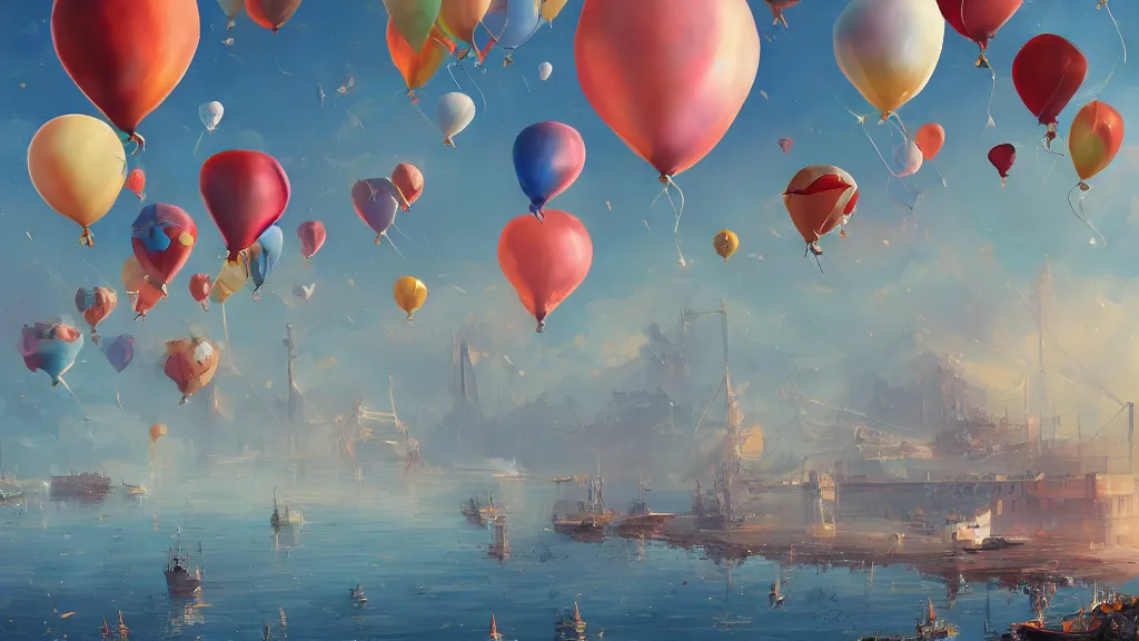 Image similar to a lot of birthday balloons floating above a beautiful maritime port. digital art. artstation cgsociety masterpiece