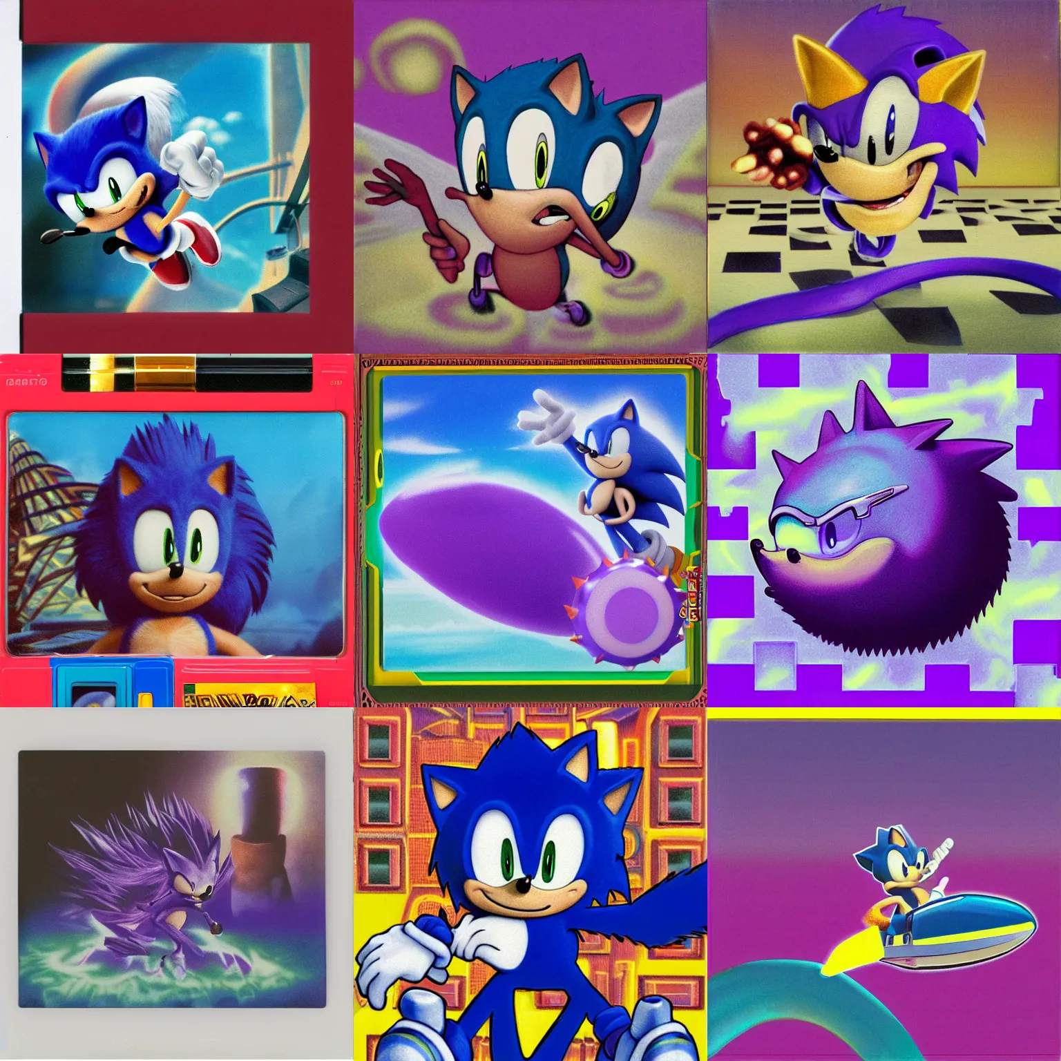 Prompt: polaroid portrait of sonic hedgehog and a matte painting landscape of a surreal, sharp, detailed professional, soft pastels, high quality airbrush art album cover of a liquid dissolving airbrush art lsd dmt sonic the hedgehog swimming through cyberspace, purple checkerboard background, 1 9 9 0 s 1 9 9 2 sega genesis rareware video game album cover