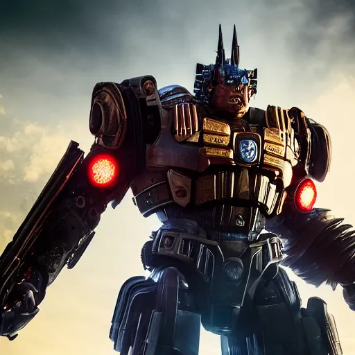 Image similar to donald trump! as optimus prime in ( gears of war ), splash art, maga!, patriot!, movie still, detailed face, photorealistic facial features, cinematic lighting, dramatic, octane render, long lens, shallow depth of field, bokeh, anamorphic lens flare, 8 k, hyper detailed, 3 5 mm film grain