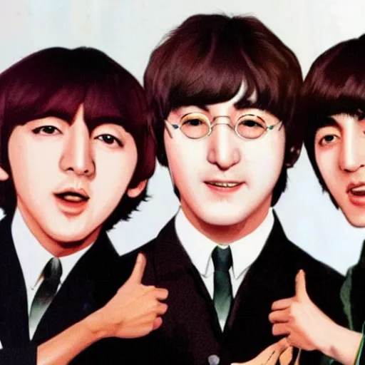 Prompt: The Beatles as Kpop idols. K-Pop idol John Lennon. K-Pop idol Paul McCartney. K-Pop idol George Harrison. K-Pop idol Ringo Starr.